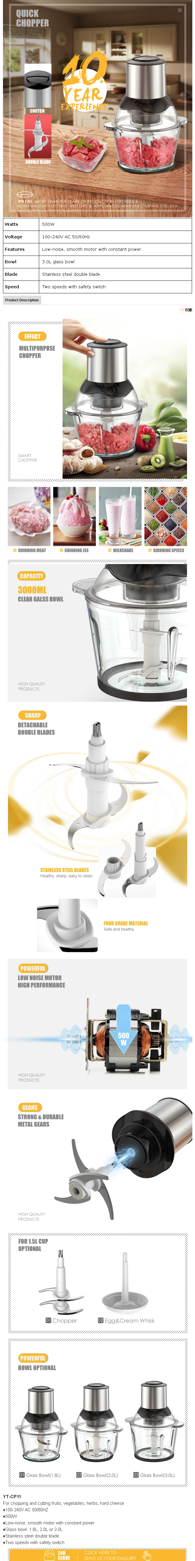 Electric vegetable food processors chopper 2 speeds 300W 500W double chopping blades kitchen appliances