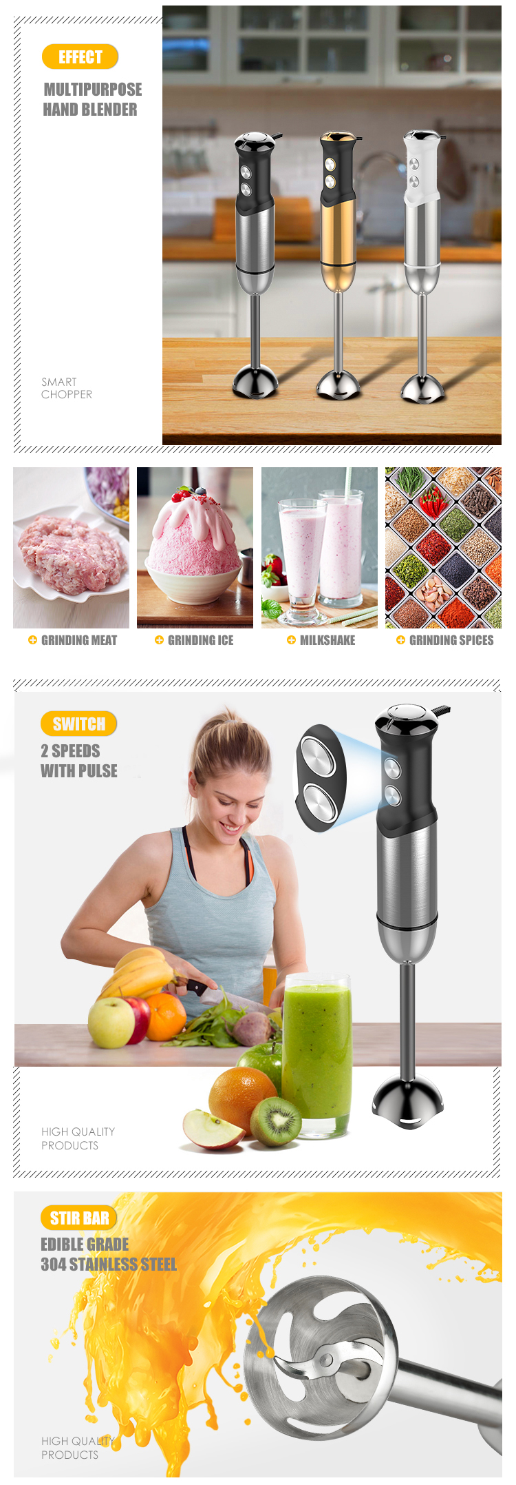 Hand Blender With Stainless Steel Blades