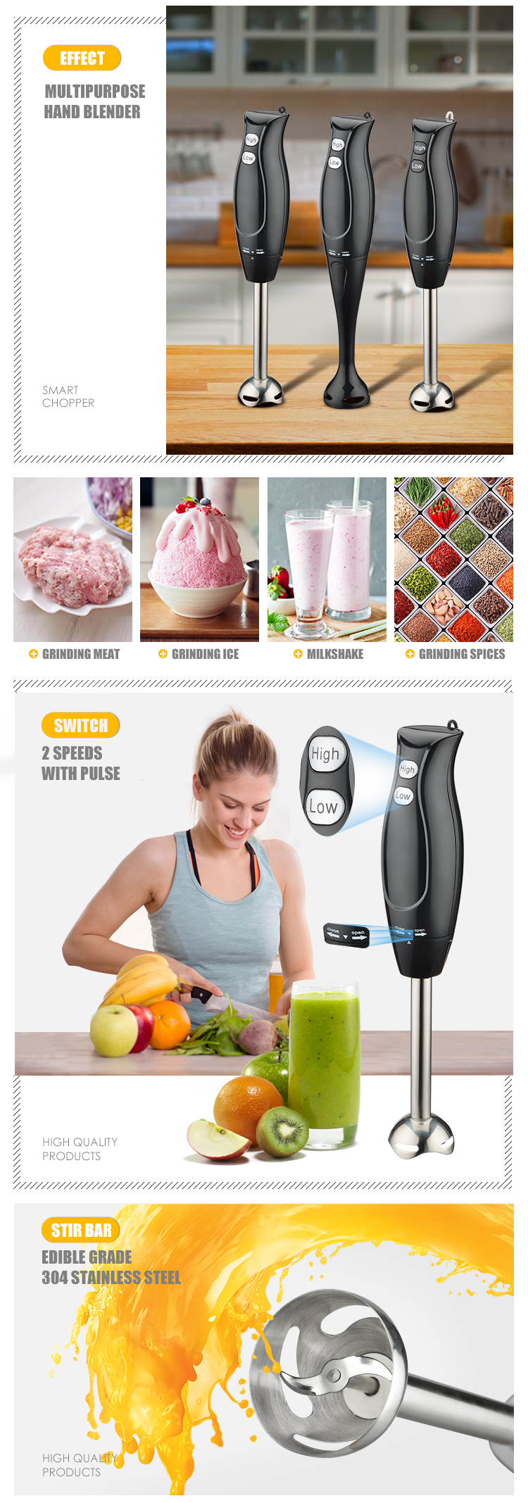 300W fruit juicer manual hand blender with two speeds