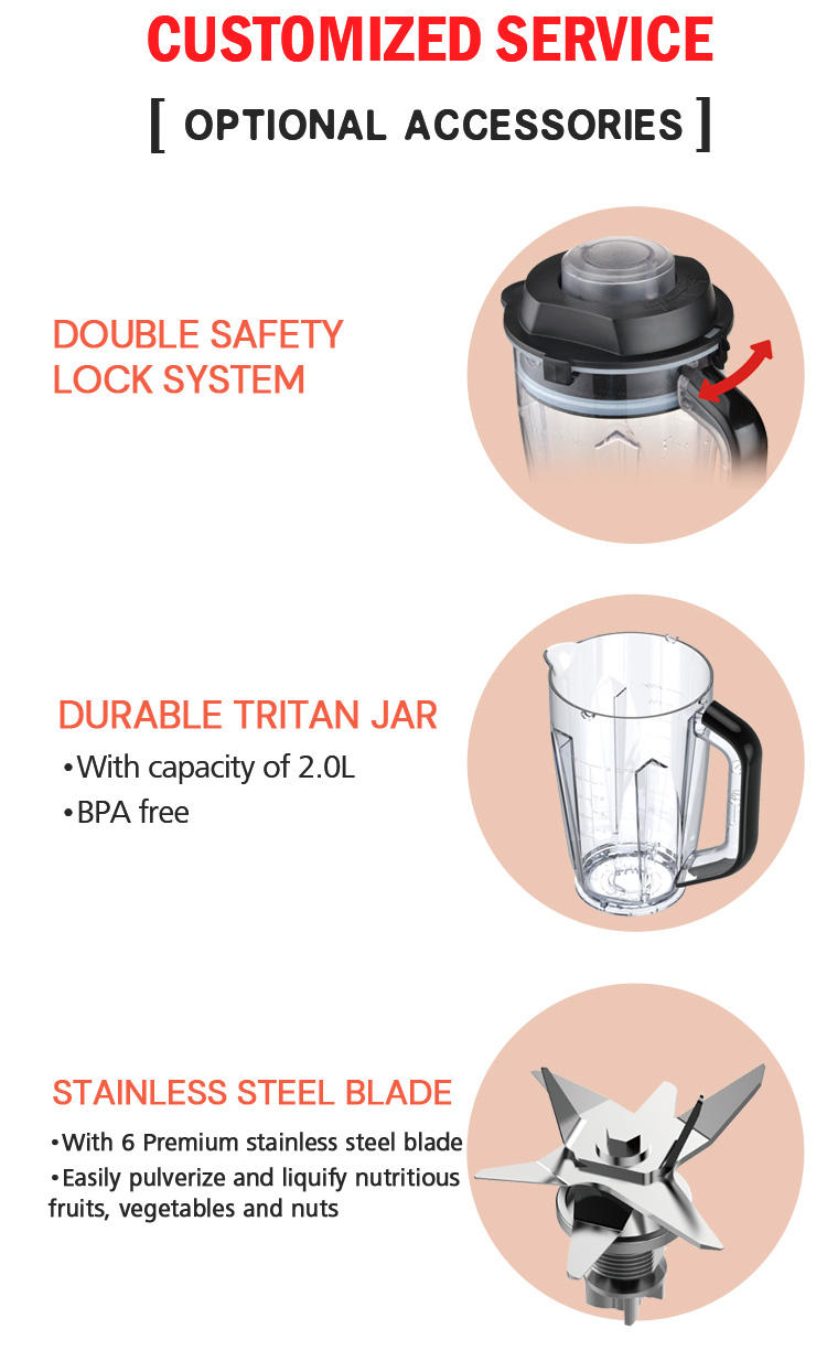 Commercial blender with electric vacuun pressing cover heavy duty powerful 2200W variable speeds ice crush 6 blades