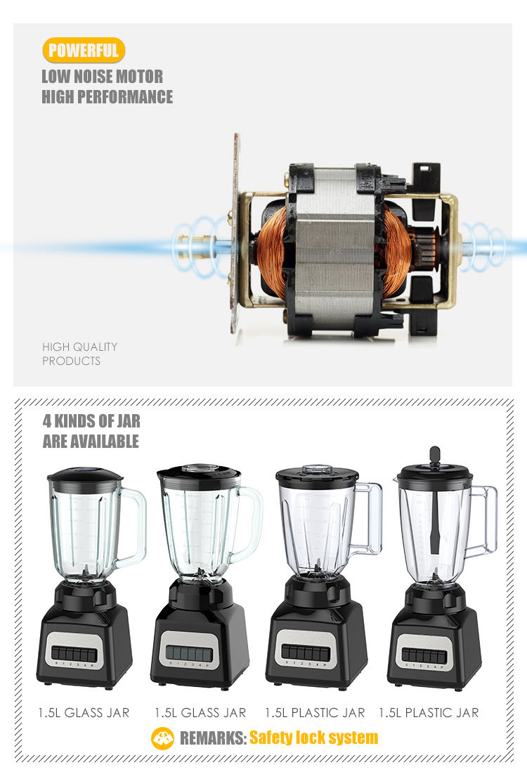 New 500W 1.5L plastic Jar glass jar S/S jar four speeds pulse function key button stainless steel switch board motor blender