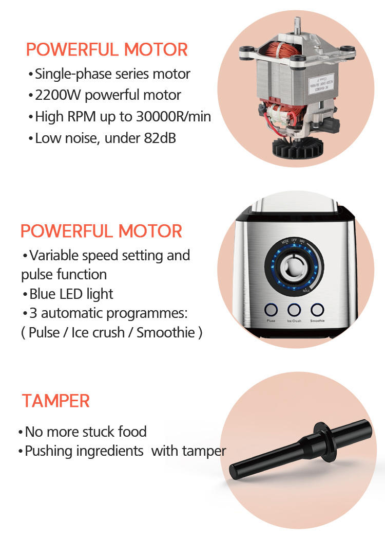 Commercial blender with electric vacuun pressing cover heavy duty powerful 2200W variable speeds ice crush 6 blades