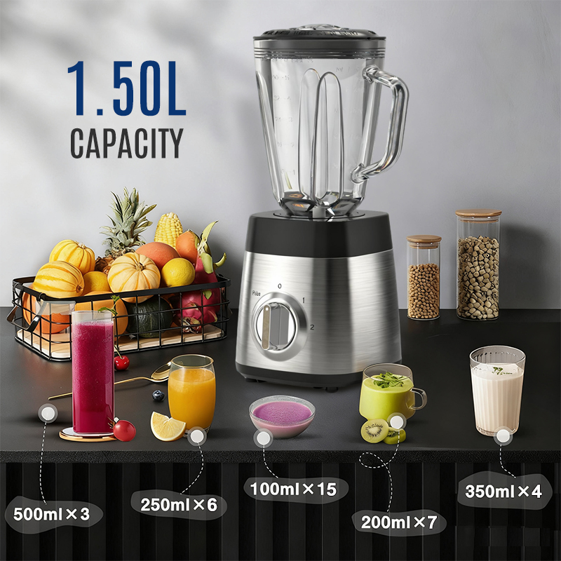 800W 1.5L Table Countertop 2 Speed Stainless Steel Body 6 Blades Glass Electric Smoothies Shakes Ice Crushing Juicer Grinding Food Processor Household Blender